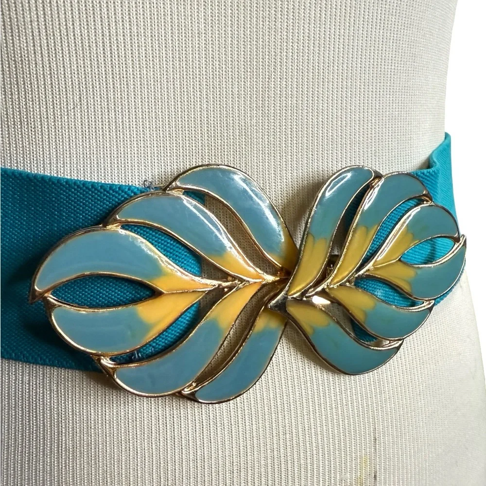 1980's Stretch Belt Blue with Enamel Leaf Flame Buckle Adjustable Size